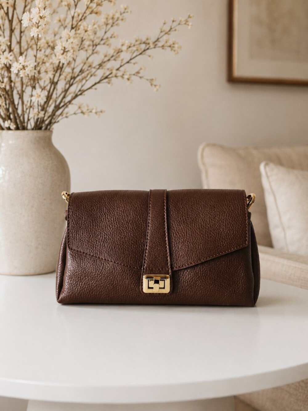 Cognac Italian Leather Crossbody Bag, Structured Shoulder Purse, Genuine Leather
